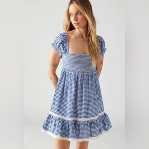 Urban Outfitters Blue Gingham Marseille Smocked Dress